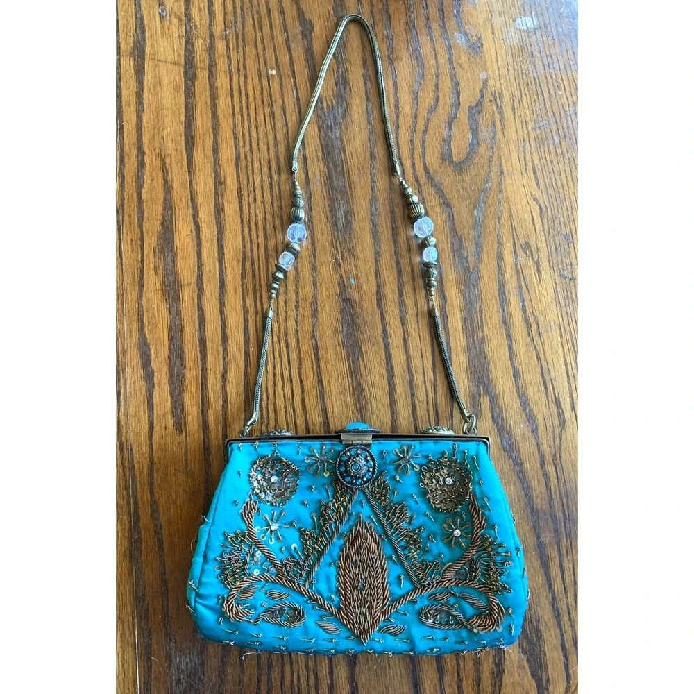 Vintage Blue Beaded Evening Bag Handbag Turquoise Goldwork Embroidery Fair